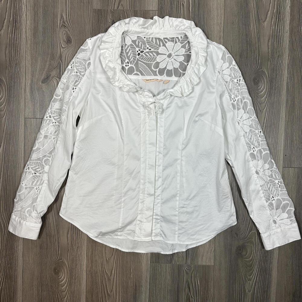 Soft Surroundings White Button Down Shirt‎ with Ruffle Collar and Lace Inserts